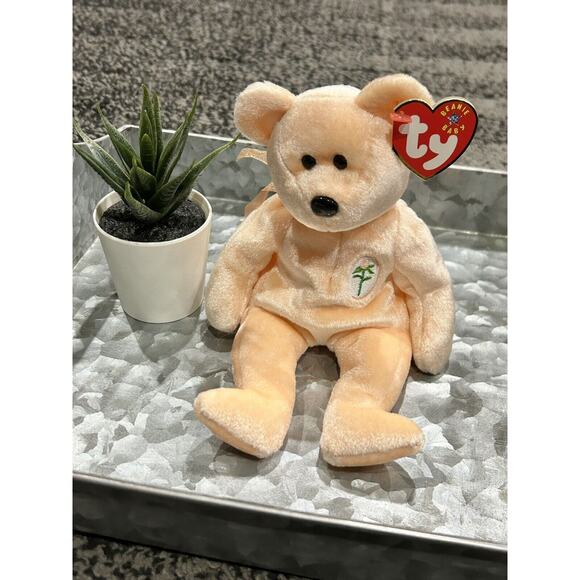 Ty Beanie Babies 2000 "Dearest" The Bear w/Tag Peach Floral‎ Teddy - Picture 1 of 5